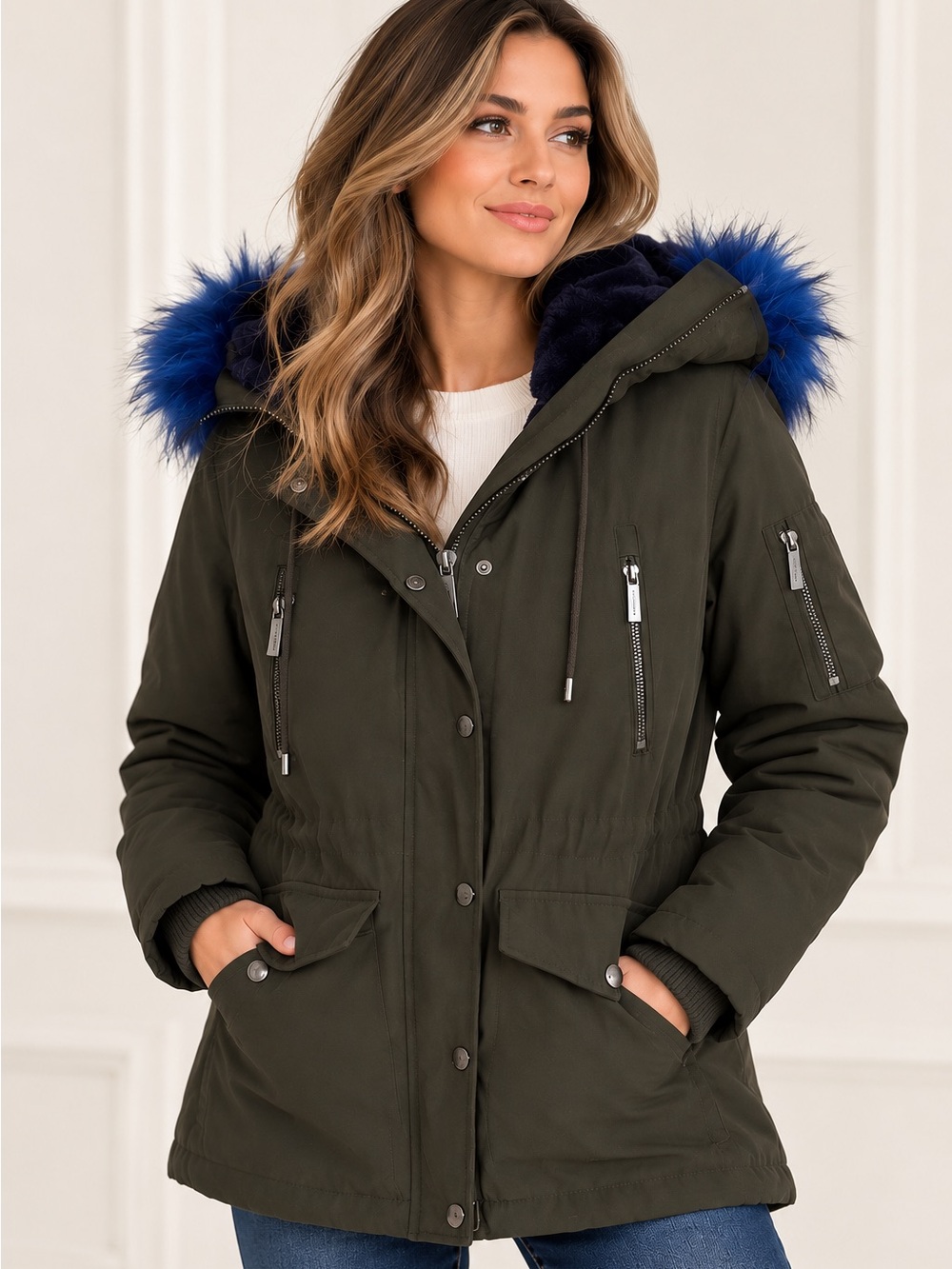 Michael Kors Olive Green Hooded Parka Jacket with Blue Faux-Fur Trim